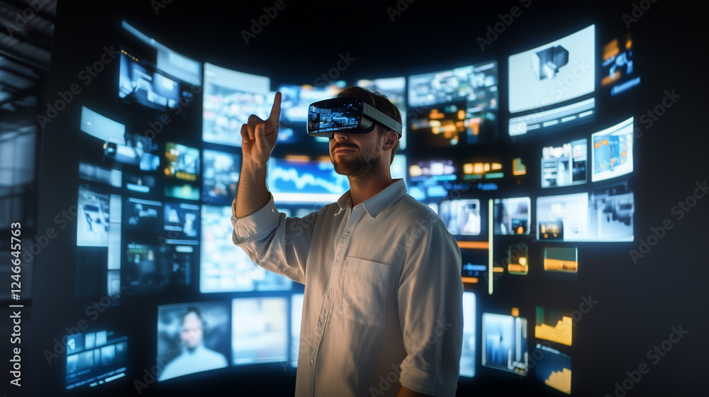Person Engaged in Virtual Reality Experience While Surrounded by Multiple Screens Displaying Data and Visuals in a Tech Environment Person Engaged in Virtual Reality Experience While Surrounded by Multiple Screens Displaying Data and Visuals in a Tech Environment