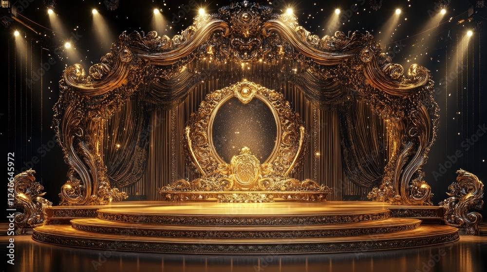 Fototapeta premium Luxurious golden stage design with focused spotlights and ornate decorations, ideal for award ceremonies