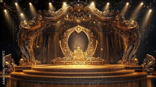 Luxurious golden stage design with focused spotlights and ornate decorations, ideal for award ceremonies