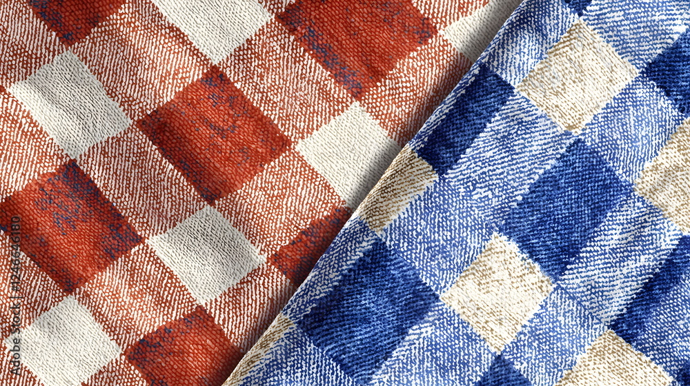 Textured fabric with red and blue plaid patterns arranged on a flat surface.