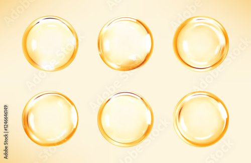 Transparent golden liquid bubbles. Cosmetic oil, serum or essence. Skincare product. Concept skin care cosmetics solution. Vector illustration