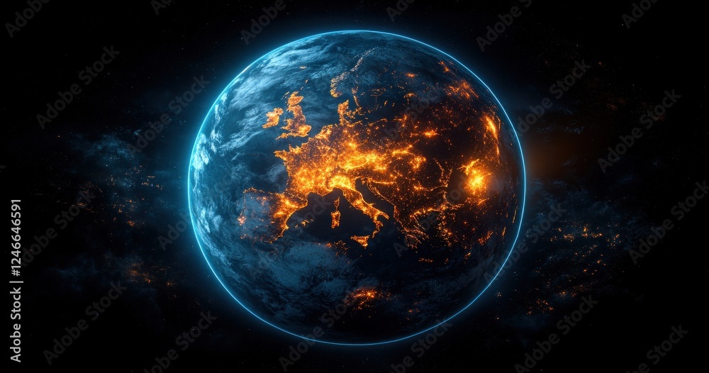 Obraz premium Digital Illustration of Earth from Space Showing Europe at Night with City Lights and Neon Border Highlights