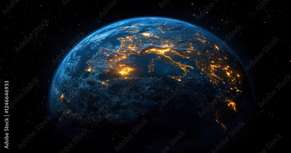 Obraz premium Earth from Space Hyper-Realistic View of Europe and Middle East Illuminated by City Lights 2025 Borders