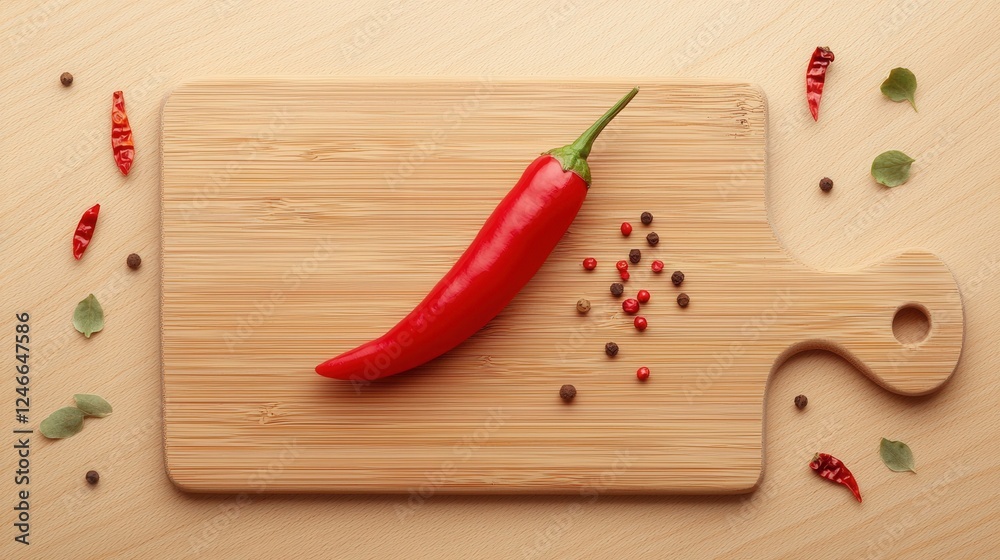 A single chili pepper surrounded by spices and herbs on a wooden cutting board. A single chili pepper surrounded by spices and herbs on a wooden cutting board.
