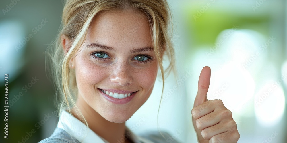 A young woman with blonde hair smiles brightly, giving a thumbs up in a contemporary indoor space illuminated by natural light. Her positive expression conveys happiness and approval A young woman with blonde hair smiles brightly, giving a thumbs up in a contemporary indoor space illuminated by natural light. Her positive expression conveys happiness and approval