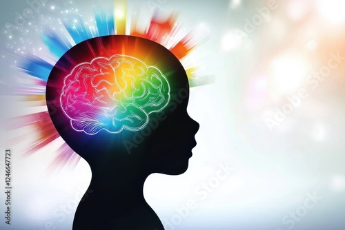 Autism spectrum disorder. Silhouette of a child's head with a colorful brain illustration radiating vibrant energy.