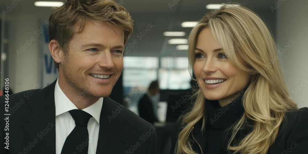 Two well-dressed individuals smile and engage in friendly conversation in a contemporary office space filled with muted tones and business activity. Their chemistry suggests a strong partnership Two well-dressed individuals smile and engage in friendly conversation in a contemporary office space filled with muted tones and business activity. Their chemistry suggests a strong partnership