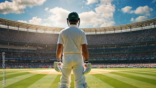 Cricket player prepares for a match in a packed stadium under a bright sky