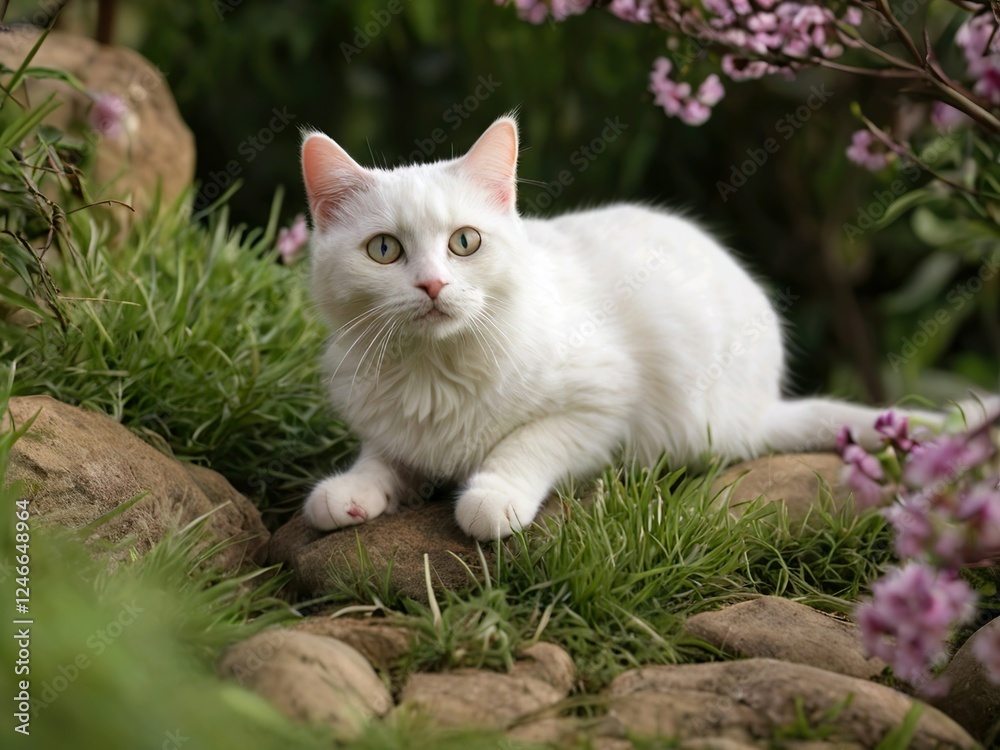 white cat on the grass. young, white, animals, small, adorable, looking,Ai generated white cat on the grass. young, white, animals, small, adorable, looking,Ai generated