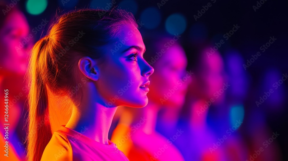 Profile of a young woman in vibrant lighting at an event, surrounded by others in the background Profile of a young woman in vibrant lighting at an event, surrounded by others in the background