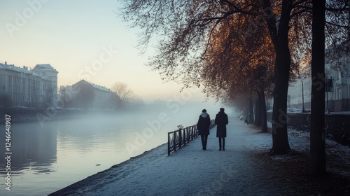 Families enjoy a foggy morning walk by the river in Kaliningrad photo
