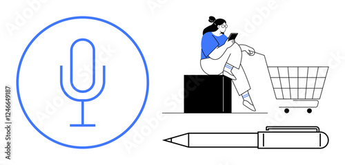 Microphone in a blue circle, person using a tablet while seated with a shopping cart, pen lying horizontally. Ideal for digital communication, e-commerce, technology, writing, modern lifestyle