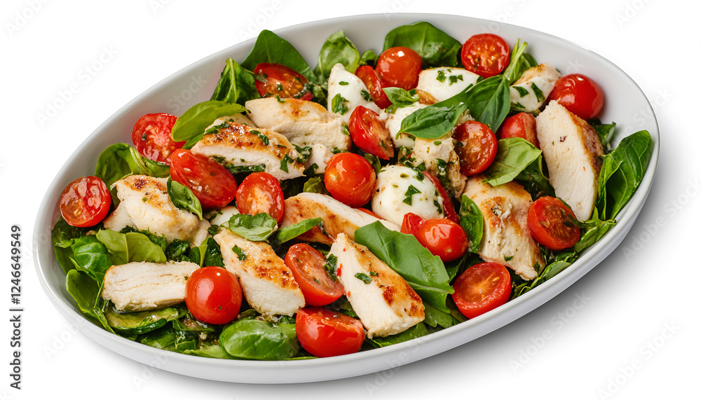 Salad with chicken, mozzarella and cherry tomatoes. Top view Salad with chicken, mozzarella and cherry tomatoes. Top view