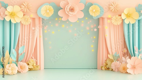 Pastel cute decoration stage kindergarten Colorful backdrop with flowers and curtains.