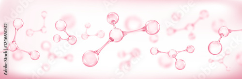 Molecules or atoms on pink background. Concept of biochemical, pharmaceutical, beauty, medical. Science or medical background. Vector 3d illustration