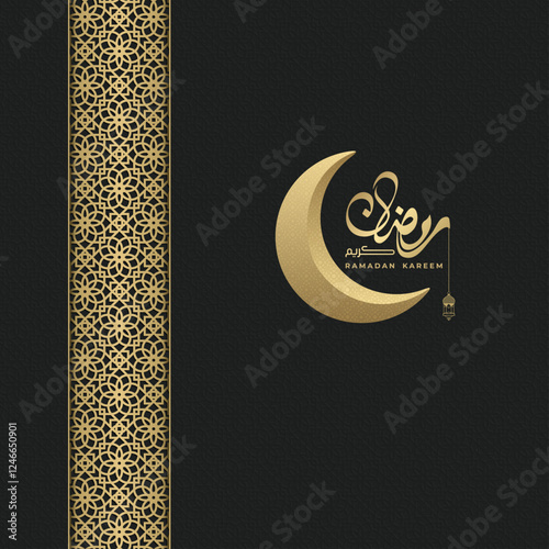 Ramadan Mubarak social media post with a crescent moon and lanterns on a black background