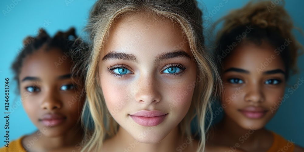 Fototapeta premium Three girls stand together, showcasing their captivating blue eyes and unique hairstyles against a soft blue backdrop. Their expressions convey confidence and warmth
