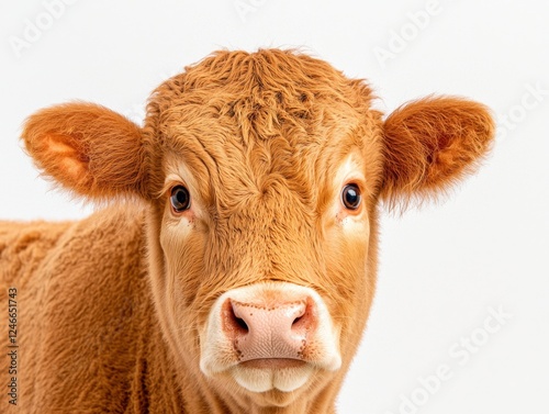 A close-up of a young brown cow with soft fur, large eyes, and a curious expression against a plain white background.