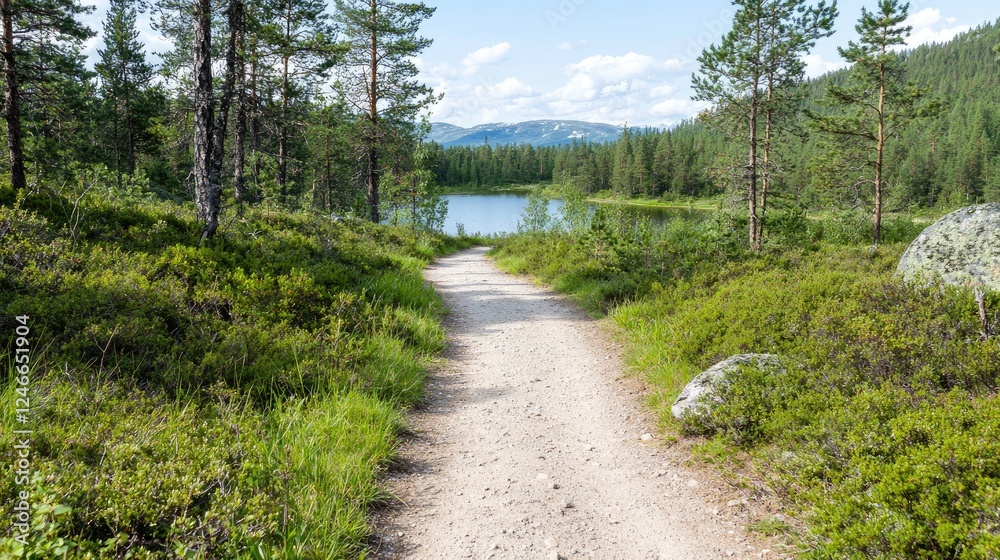 Fototapeta premium Hiking trail by serene lake, mountain view, summer