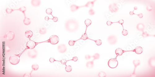 Molecules or atoms on pink background. Concept of biochemical, pharmaceutical, beauty, medical. Science or medical background. Vector 3d illustration