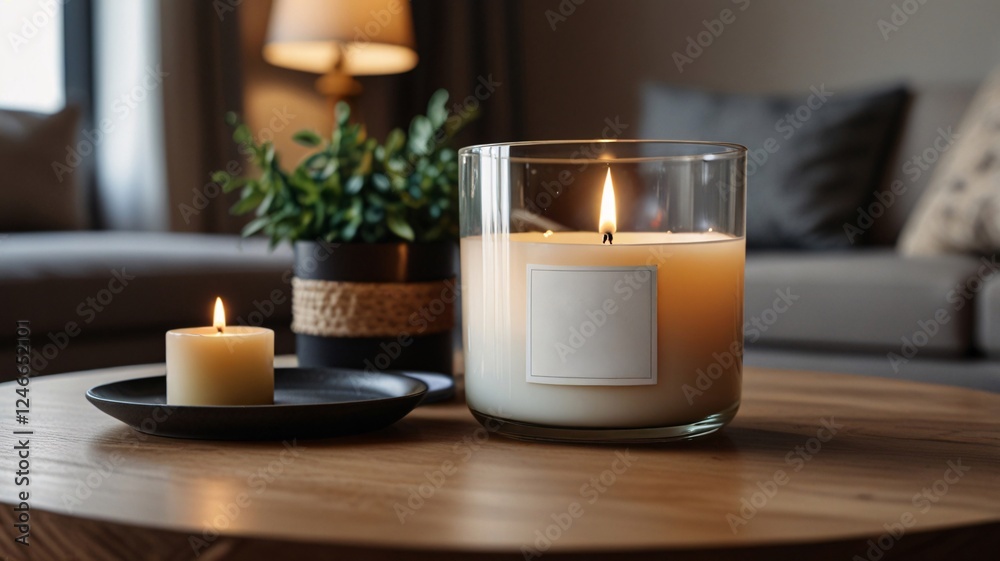 Warm ambience with scented candles on a wood table in a cozy living room Warm ambience with scented candles on a wood table in a cozy living room