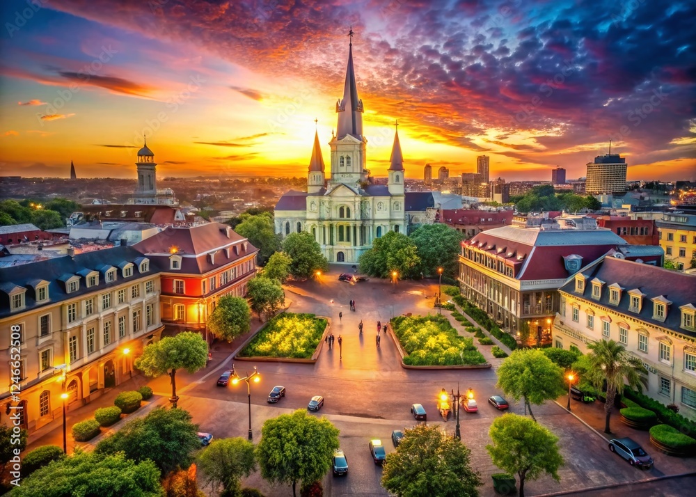 Naklejka premium Aerial View of New Orleans French Quarter & Jackson Square - 19th Century Architecture, Bokeh Effect