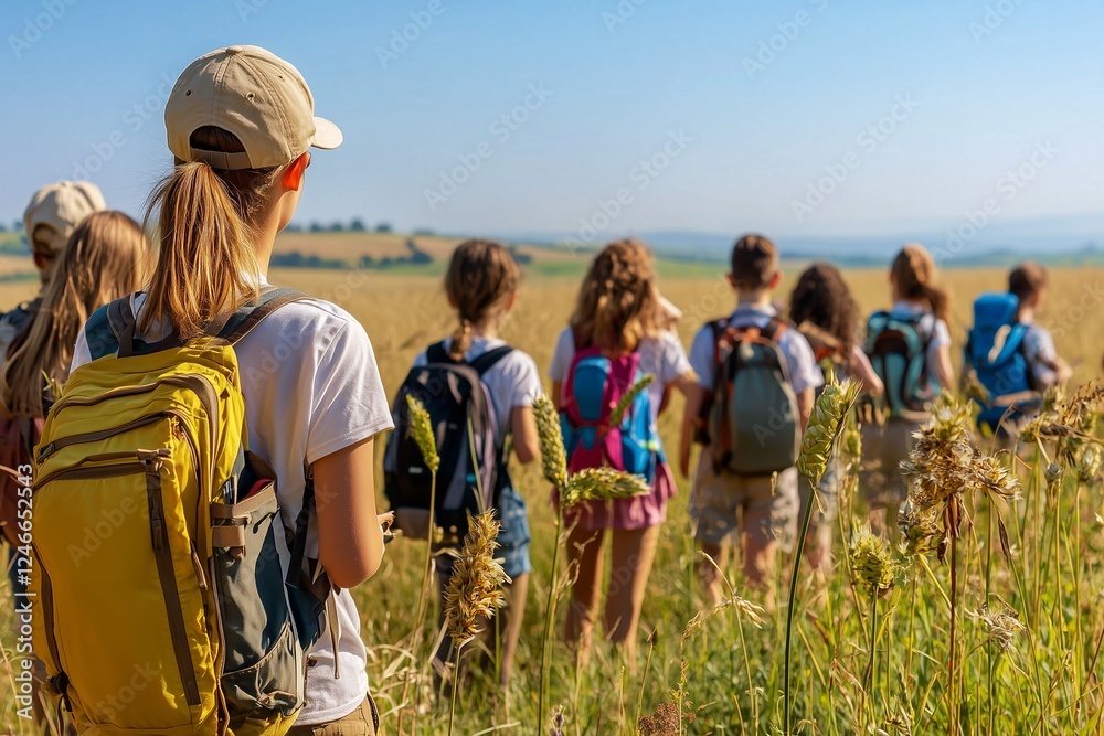Fototapeta premium A group of hikers walking through a sunny field, enjoying nature and adventure on a clear day.