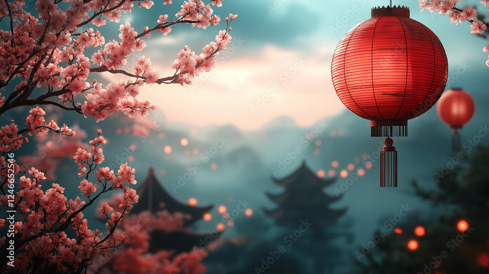 Obraz premium Traditional Red Lanterns and Cherry Blossoms in a Misty Asian Landscape