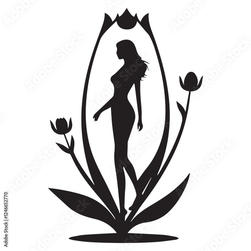 A sophisticated silhouette of a woman standing amidst stylized flowers and foliage - International Women’s Day March 8