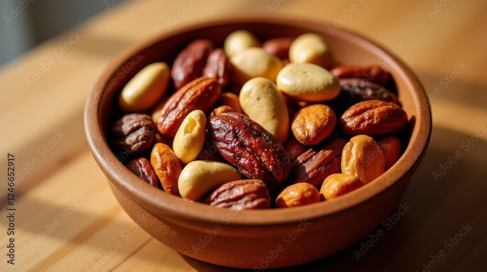 Mixed Nuts and Dried Fruit Served in a Bowl on a Sunlit Wooden Table Mixed Nuts and Dried Fruit Served in a Bowl on a Sunlit Wooden Table