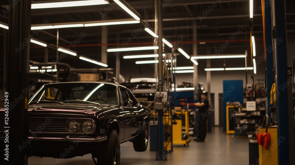 Fototapeta premium Classic car being serviced in a modern automotive workshop with tools and equipment visible