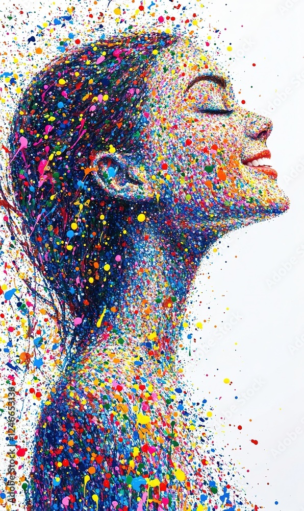 Obraz premium Woman with colorful paint splatters, expressing joy and freedom on white background