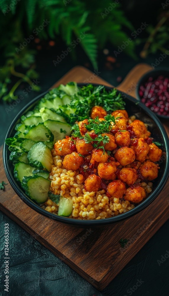 Vegan Buddha Bowl with Roasted Sweet Potatoes, Quinoa, and Fresh Herbs on a Wooden Board Vegan Buddha Bowl with Roasted Sweet Potatoes, Quinoa, and Fresh Herbs on a Wooden Board