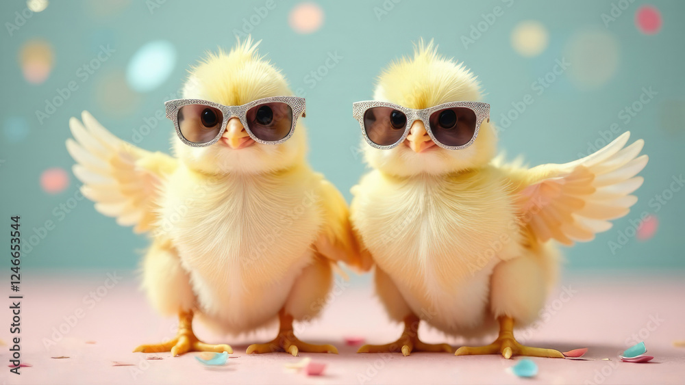 Fototapeta premium Two funny chickens in sunglasses flapping their wings on holiday background, copy space, funny chicks. Creative advertising concept of a congratulatory banner