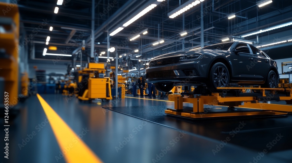 Modern automotive factory showcasing vehicle assembly with workers engaged in production tasks Modern automotive factory showcasing vehicle assembly with workers engaged in production tasks