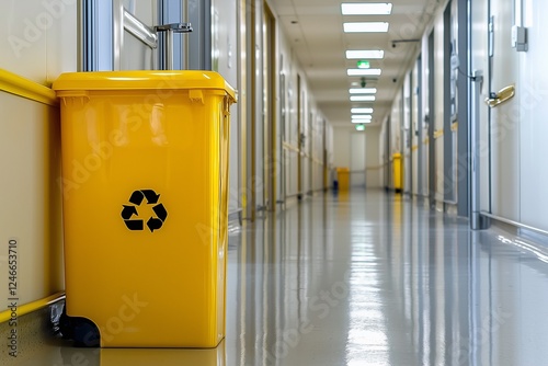 A yellow recycling bin stands in a well-lit corridor with smooth flooring, emphasizing cleanliness and environmental consciousness. photo