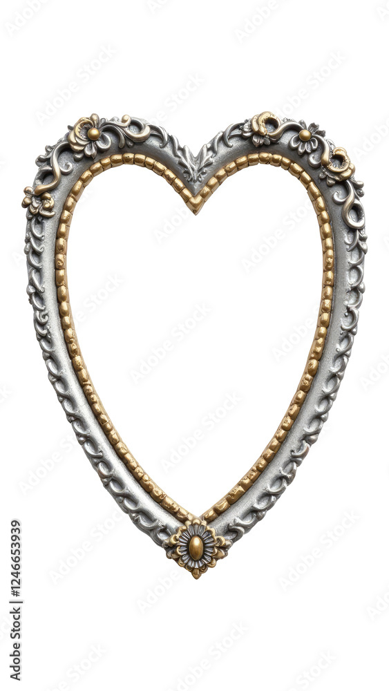 Antique silver scuffed heart shaped decorative frame in vintage style with empty space, PNG, cut out background Antique silver scuffed heart shaped decorative frame in vintage style with empty space, PNG, cut out background