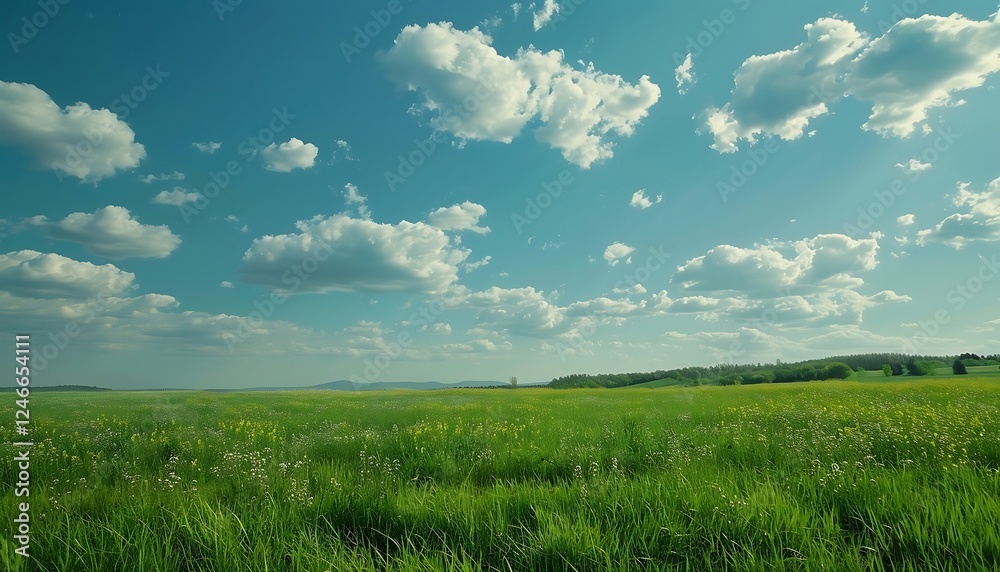 Fototapeta premium field of green grass and blue sky with white clouds, nature background