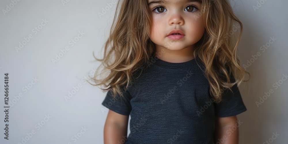 A young child stands confidently in a neutral-toned space, wearing a dark t-shirt. Their long hair frames their face, creating an adorable and striking appearance A young child stands confidently in a neutral-toned space, wearing a dark t-shirt. Their long hair frames their face, creating an adorable and striking appearance
