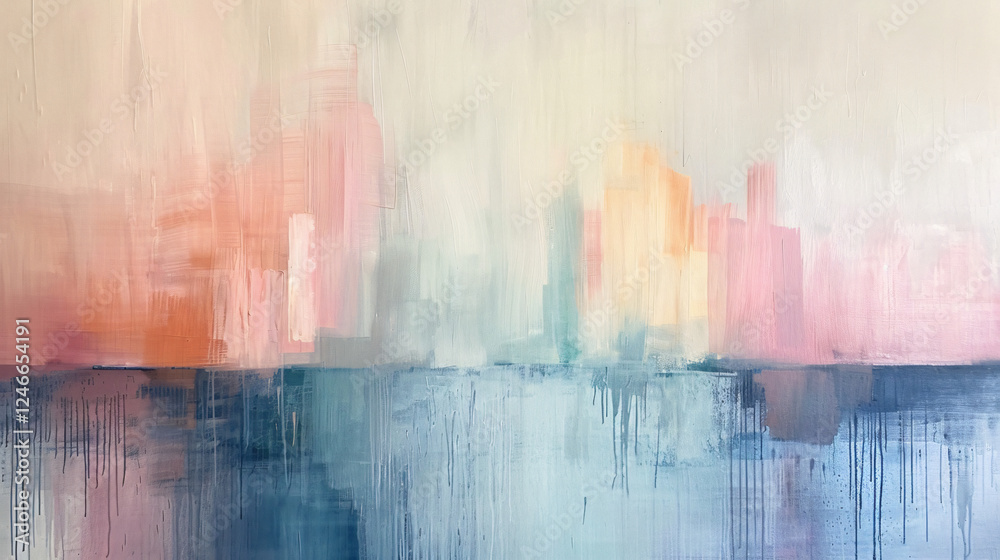 Naklejka premium Misty Abstract Reflections on the Water Painting with Impressionistic Brushstrokes and Pastel Cityscape Hues