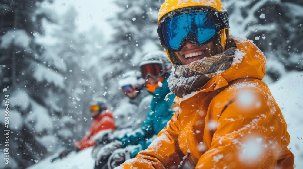 Friends sit together on a snowy slope in the mountains, wearing bright winter clothing and enjoying the chilly weather while snowflakes gently fall around them. Friends sit together on a snowy slope in the mountains, wearing bright winter clothing and enjoying the chilly weather while snowflakes gently fall around them.