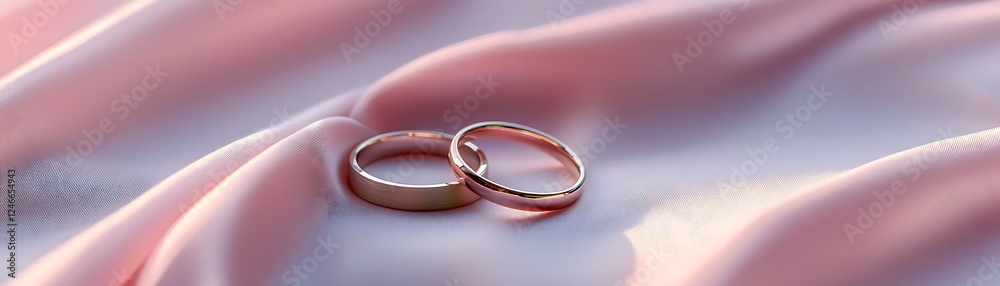 there are two wedding rings sitting on a pink cloth there are two wedding rings sitting on a pink cloth
