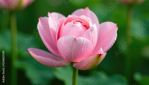 Pastel pink petals unfolding on a lush green stem, garden blooms, nature photography