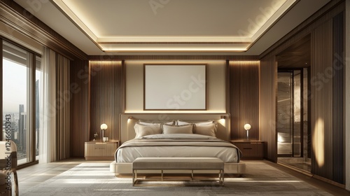 Modern Bedroom Mockup with Elegant Design and Empty Frame Above Bed for Interior Styling Inspiration