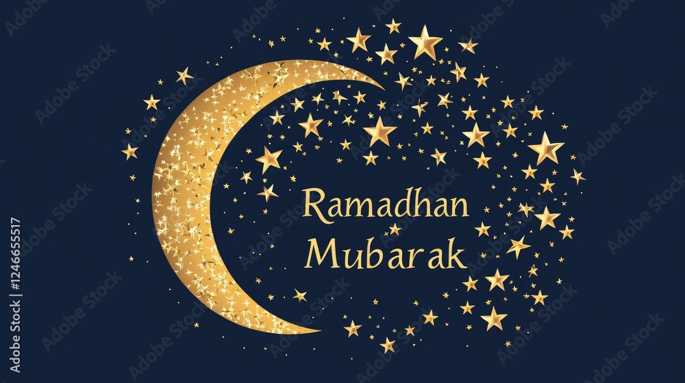 Naklejka premium Eid Mubarak! Festive Eid al-Fitr illustration with golden stars in a crescent moon on a dark blue background, text 
