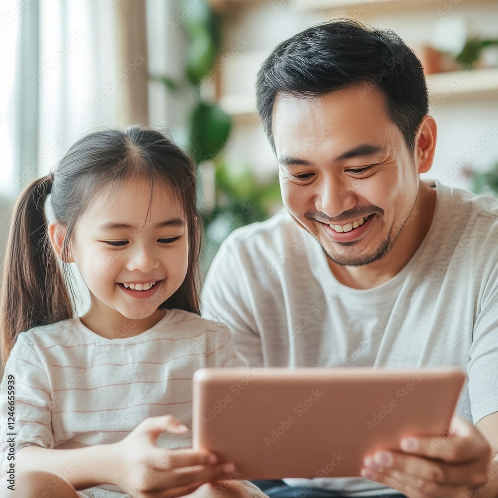 Asian parent and daughter enjoy gadgets together. Asian parent and daughter enjoy gadgets together.
