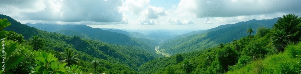 Verdant hills and valleys stretch to infinity under cloudy skies, tropical, weather, terrain Verdant hills and valleys stretch to infinity under cloudy skies, tropical, weather, terrain