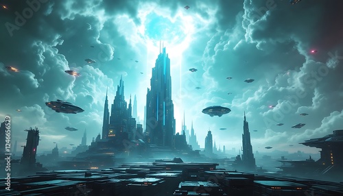 Futuristic Cityscape with Flying Ships and Bright Sky