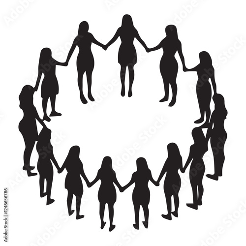 Silhouette of numerous women holding hands in a tight circle, creating a visual representation of unity, sisterhood, and support- International Women’s Day March 8
