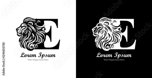 The logo design is in the shape of a lion's head with a side view combined with the letter E